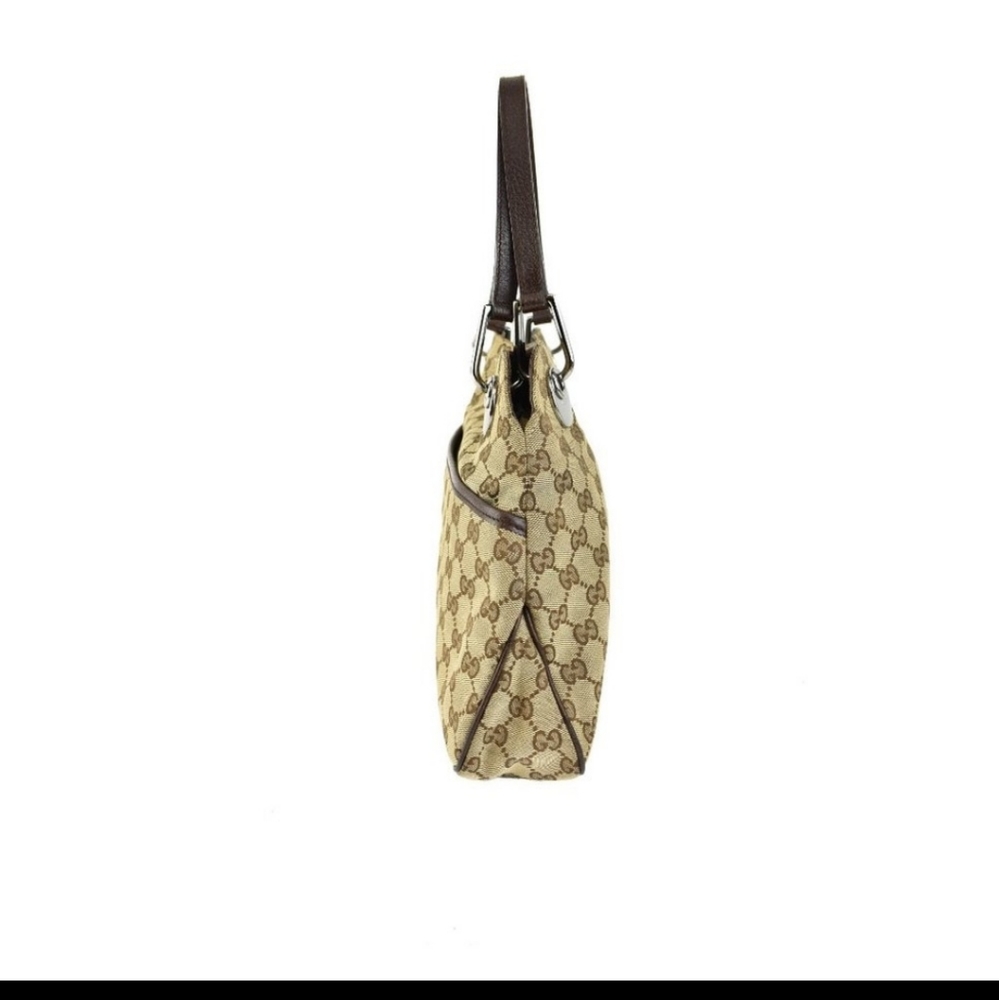 GUCCI: Beige, "GG" Logo & Brown Leather Logo Tote/Shoulder Bag - Picture 2 of 9